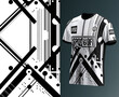 Kurzärmliges Schwarz-Weiß-T-Shirt mit Linien- und Kreisdesign. Ideal für verschiedene Sportarten. Erstellt von Infinity Impact.