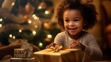 Enfant à Noël Reçoit Ses Cadeaux Devant Le Sapin, Boule De Neige, Guirlande Et Déco