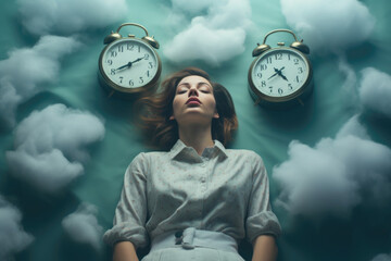 Sleeping woman surrounded by clouds and alarm clocks. Concept of sleep, insomnia, circadian rhythm disorder