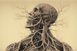 Illustration of a skull shrouded in trees with leaves. Halloween, end of life