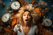Shocked woman who has problems with dreams against the background of alarm clocks. Sleep disturbance, insomnia, circadian cycles concept