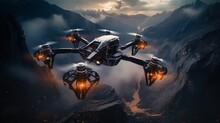 An Enticing Image Of Autonomous Drones Powered By Machine Learning, Navigating A Futuristic Terrain With Precision And Sophistication