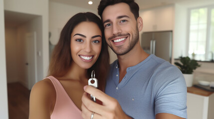 Wall Mural - portrait of a young couple smiling in first home holding key
