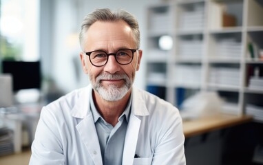 A man doctor sitting behind a desk in a doctor's office, calm and heartening facial expression. Generative AI