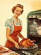 cheerful 1950s woman presenting oven-fresh thanksgiving turkey
