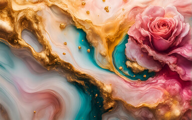 Wall Mural - Abstract liquid background in alcohol ink style with rose flower