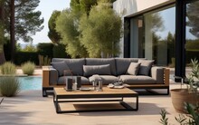 A Set Of Modern Sofa And Coffee Table In The Courtyard. Generative AI