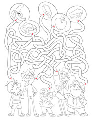 Wall Mural - Maze for children. Kids choose their favorite food. Educational game for kids. Attention task. Choose right path. Funny cartoon character. Coloring book. Worksheet page. Vector illustration