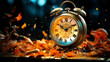 © perpis - Alarm clock on a table with autumn leaves around it. Generative AI