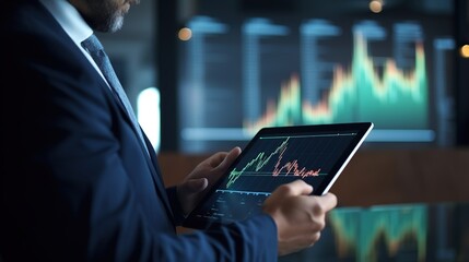 Wall Mural - Businessman analyzing financial investment graph with tablet. AI generated