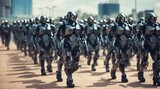 Fototapeta  - 隊列を組む未来の軍事ロボット｜Futuristic military robots forming a formation. Generative AI