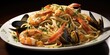 The shot captures a lavish seafood pasta dish, where al dente linguine is tossed with succulent lobster chunks, briny clams, and plump shrimp, all drenched in a fragrant white wine garlic