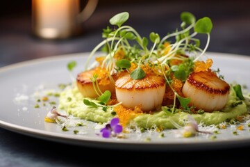 Wall Mural - An enchanting image showcasing scallops accompanied by a delicate pea and mint puree, topped with crispy fried shallots and microherbs, creating a balance of textures and vibrant flavors