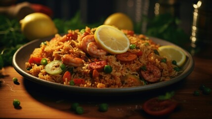 A mouthwatering plate of jambalaya, a traditional Southern dish, laden with succulent shrimp, y sausage, and aromatic rice, enhanced by the bold flavors of cayenne pepper.