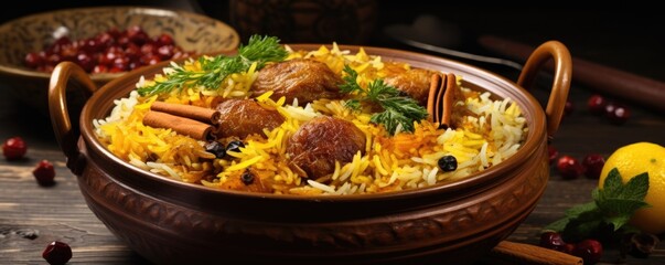 An enticing closeup photo highlighting the intricate layers of a flavorful biryani, with aromatic basmati rice, tender pieces of marinated meat, and a melange of fragrant es and herbs, all