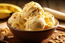 This Closeup Shot Tempts With A Delightful Duo Of Vegan Banana And Peanut Er Ice Cream. The Vibrant Yellow Banana Base Captures The Essence Of Tropical Sweetness, While Swirls Of Rich Peanut