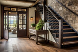 Fototapeta  - Country house entrance and reception area hardwood stairs stone claded wall hardwood flooring dark wood theme sitting room in view through double glass panneled doors interior home design