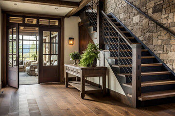 Country house entrance and reception area hardwood stairs stone claded wall hardwood flooring dark wood theme sitting room in view through double glass panneled doors interior home design