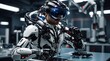 工場の生産ラインでロボットアームを制御するためにVRメガネを使用している エンジニア｜An engineer uses VR glasses to control a robot arm on a factory production line. Generative AI