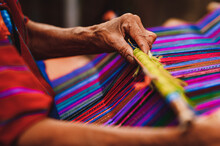 Close Up Shot Of Guatemalan Handcraft Textile And Colorful Patterns Made By Indigenous Woman