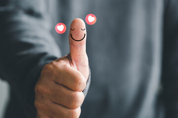 businessman thumb up showing happy smile face and red heart emotion, good satisfaction feedback rating, think positive, customer review, assessment, good mood, world mental health day, Compliment Day