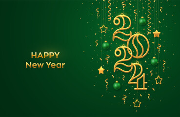 Wall Mural - Happy New 2024 Year. Hanging Golden metallic numbers 2024 with shining 3D metallic stars, balls and confetti on green background. New Year greeting card, banner template. Realistic Vector illustration
