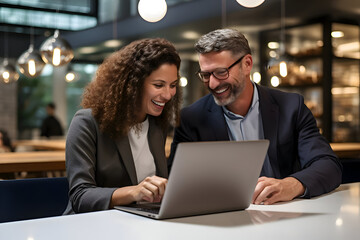 Two businesspeople working on a laptop together. Generated AI.