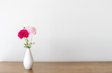 Close up of three pink and white ranunculus in small white vase on oak side table against plain background with copy space