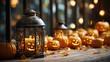 Festive mystical halloween interior. Pumpkin, spider web, burning candles on dark wooden background