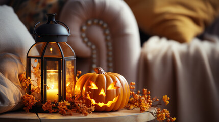 Sticker - Festive mystical halloween interior. Pumpkin, spider web, burning candles on dark wooden background