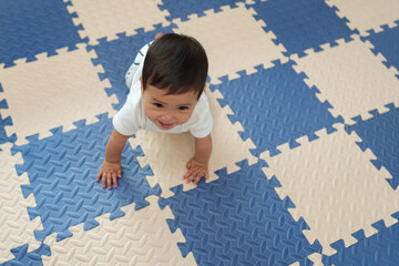 Wall Mural - top view of happy infant baby crawling on play mat or jigsaw floor