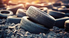 Photograph of a pile of old car tires lying on the ground. used car tires