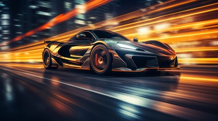 Wall Mural - Photo of sports car accelerating on a neon highway. Powerful acceleration of a supercar on a night track with lights and tracks. Car lights at night, long exposure