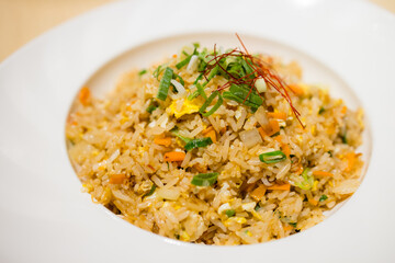 Canvas Print - Fried rice on a white plate with dries shrimp