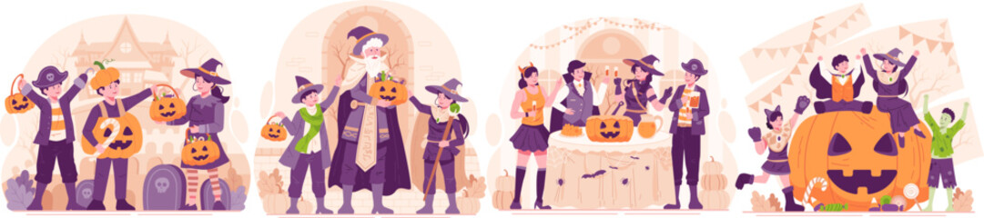 Wall Mural - Illustration Set of Halloween. Happy People Dressing Up in Various Halloween Costumes Celebrating Halloween. Halloween Party and Trick or Treat Concept