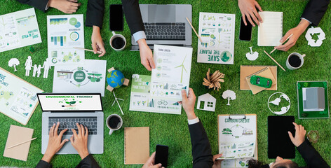 Wall Mural - Panorama top view of business people planning business marketing with environmental responsibility for greener ecology. Productive teamwork contribute nature preservation and sustainable future.Quaint