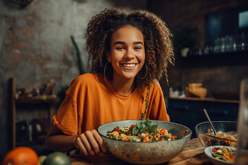 Happy young multiracial woman mixing bowl of fresh salad