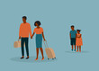 © simplehappyart - Sad Little Black Children Abandoned By Their Irresponsible Parent. Parent With Luggage Bag Wanting To Move Out And Leaving Their Own Kids Behind. Full Length. Flat Design.