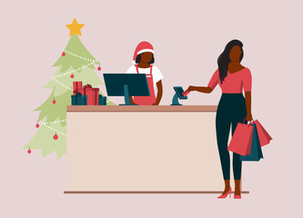 Wall Mural - Black Woman With Shopping Bag Paying With Credit Card. Lady Cashier With Santa Hat And Apron Serving Customer At Checkout Counter. Full Length. Flat Design.