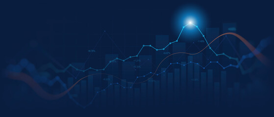 Wall Mural - widescreen abstract financial graph with uptrend line and bar chart of stock market on blue color ba