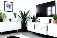 Houseplants In Ceramic Pots On White Sideboard And Black Tv Screen Hanging On Wall In Stylish Room In Apartment With Modern Interior, Home Decoration