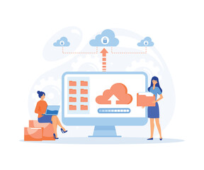 technology file upload backup on cloud server storage concept. team administrator and developer working with computer monitor. flat vector modern illustration