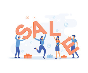 Wall Mural - Big sale poster with customers and shopping bags. Man and woman characters on discount event,  flat vector modern illustration