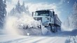 Truck plowing through deep snow on a cold snowy day. generative AI