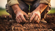 Farmer hands planting seeds. Agriculture concept. AI generated