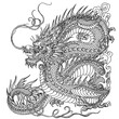 Chinese or Eastern dragon. Traditional mythological creature of East Asia. Tattoo. Celestial feng shui animal. Side view. Black and white. Graphic style isolated vector illustration