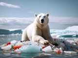Fototapeta Las - polar bear stands on a melting iceberg, among the plastic waste.