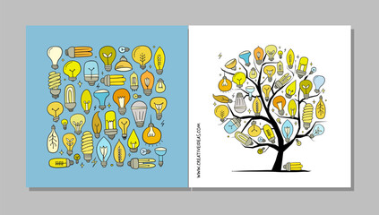 Wall Mural - Light bulbs of different shapes and sizes. Art tree with bulbs, design cards. Vintage concept art for your business. Creative ideas for cards, banner, web, promotional materials, social networks