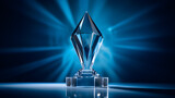 Fototapeta  - Crystal Transparent Trophy On Blue Gleaming Background, Generated AI