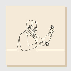 Wall Mural - continuous single line sketch hand drawn drawing of man scientist analyze formula on laboratory tube